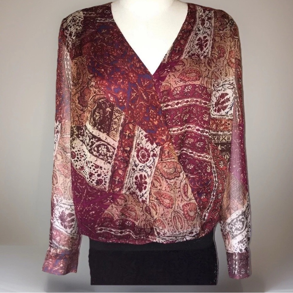 Ralph Lauren Maroon Tan Blue Floral Paisley Patchwork Cross Over Wrap Blouse